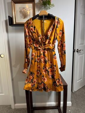 Free People Mustard Floral V-Neck Long Sleeve Dress